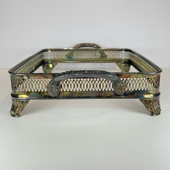 Vintage silver plated metal casserole dish holder chafing dish frame stand - Picture 3 of 16